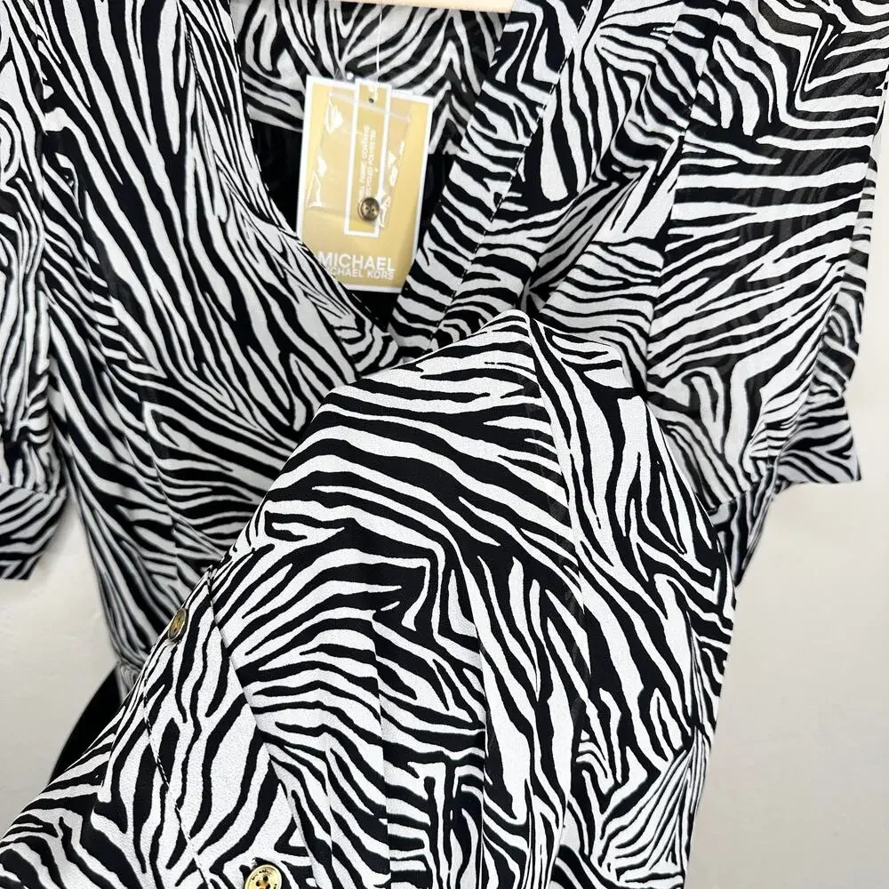 NWT Michael Kors Zebra Print Georgette Belted Puff Sleeve Midi Shirt Dress Med